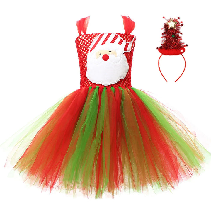 Robe tutu de Noël à visage de Père Noël brodé, jupon en tulle rouge et vert mélangés