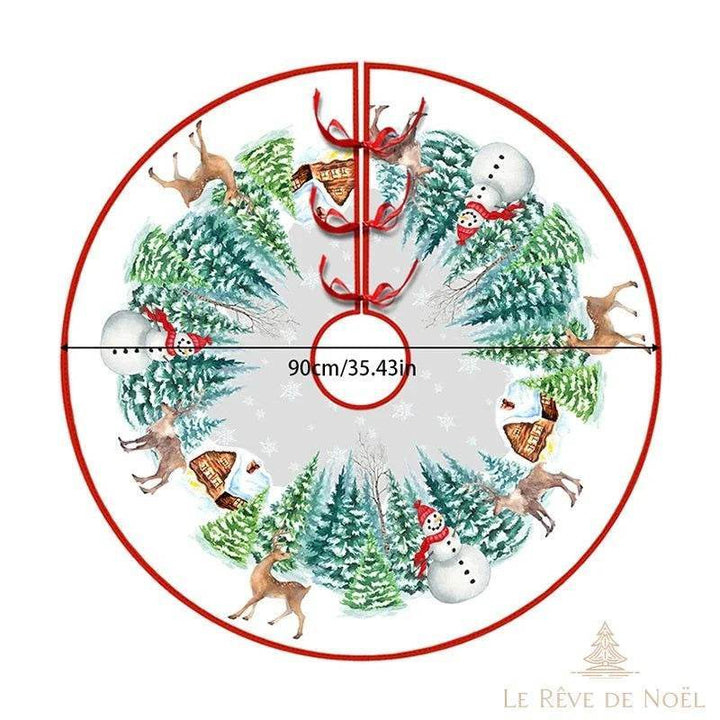 Couvre-pied de sapin rond, forêt enneigée avec rennes et bonhommes de neige, diamètre 90 cm