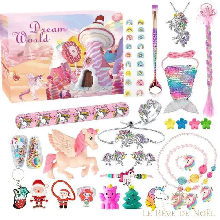 Calendrier de l'avent Cheval volant, boîte rose avec grande figurine de pégase ailé