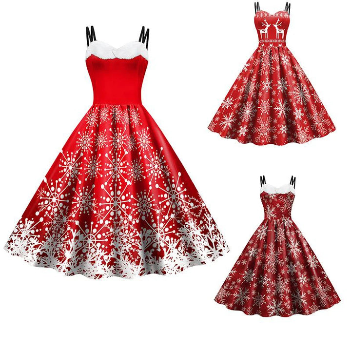 Trois robes bustier rouges à motifs flocons et rennes différents, présentées côte à côte