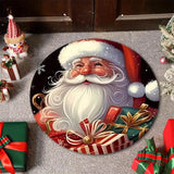 Tapis rond, gros plan sur le visage du Père Noël, fond noir étoilé, cadeaux imprimés en bas