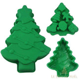 Trois vues du moule à gâteau sapin en silicone vert : grand moule à guirlande et petit moule à empreintes