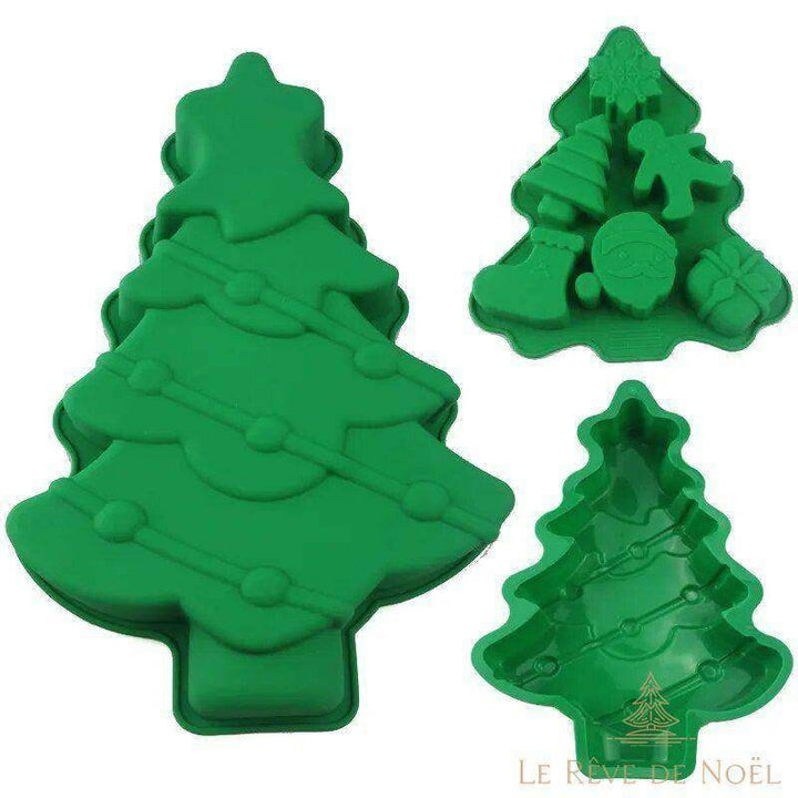 Trois vues du moule à gâteau sapin en silicone vert : grand moule à guirlande et petit moule à empreintes