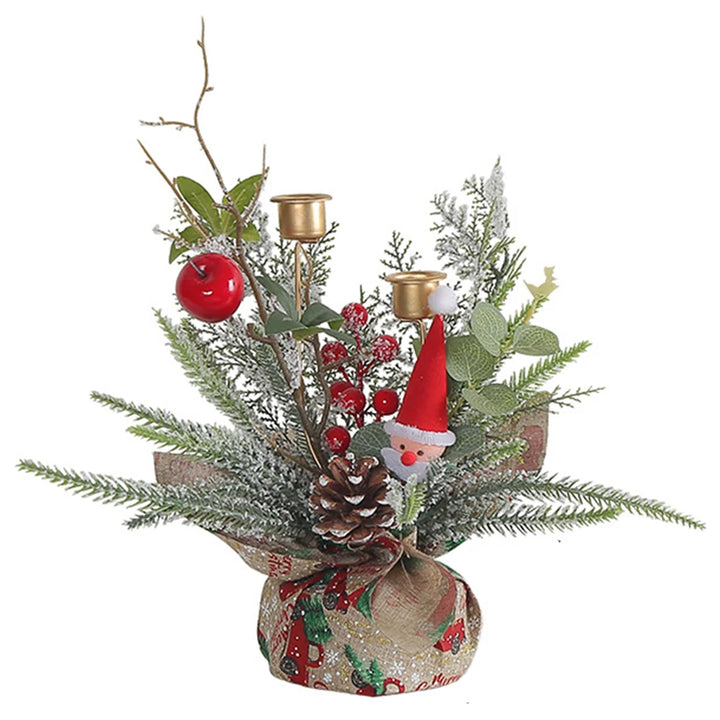 Bougeoir de table avec branches enneigées, pomme rouge, pomme de pin et Père Noël