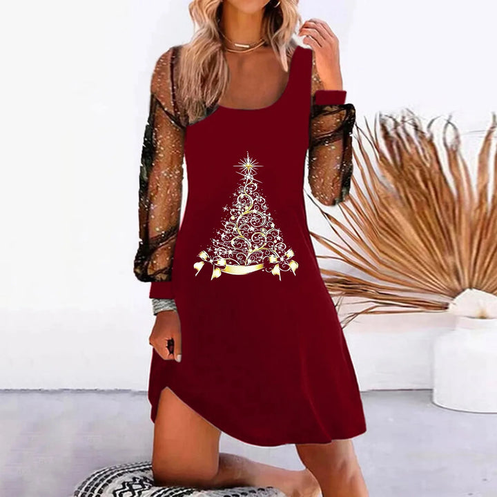 Robe de Noël bordeaux, épaules dénudées et manches longues en tulle pailleté, fente à la cuisse