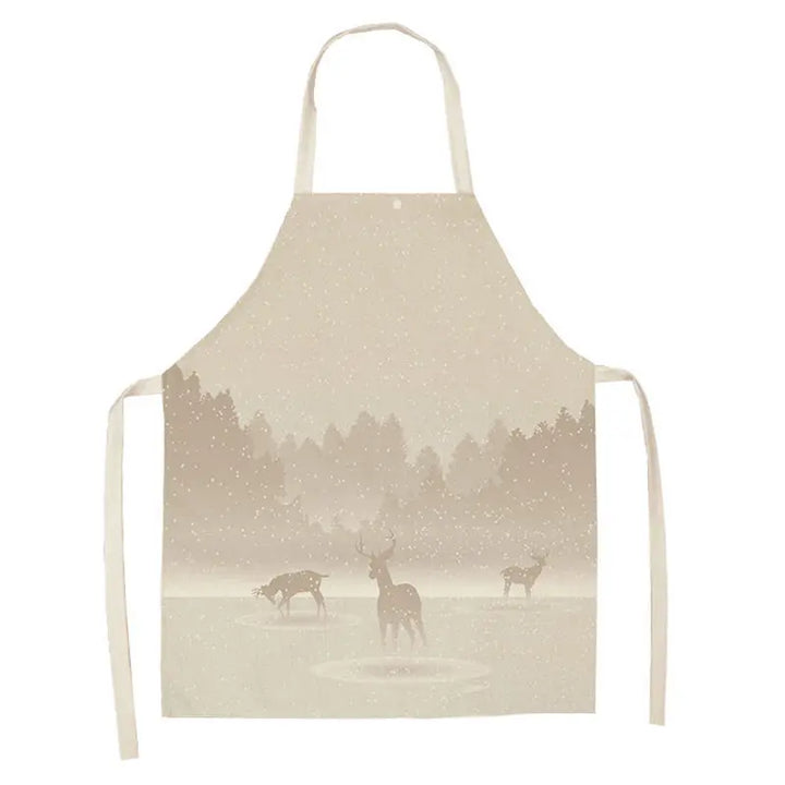Tablier de Noël ton beige monochrome, cerfs dans une forêt embrumée reflétée sur l'eau