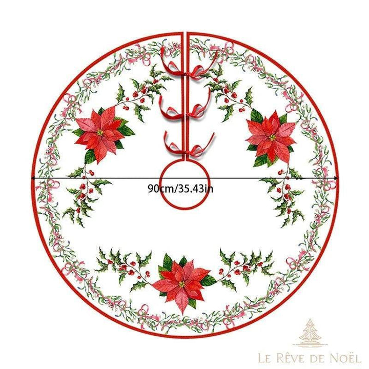 Couvre-pied de sapin rond, même motif de fleurs de Noël et houx, petit format 90 cm