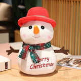 Peluche bonhomme de neige à chapeau rouge et écharpe à carreaux, inscription Merry Christmas