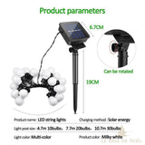 Schéma du kit guirlande solaire : piquet de 19 cm, panneau orientable de 6,7 cm, ampoules en écheveau