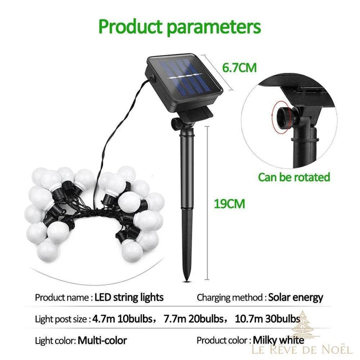 Schéma du kit guirlande solaire : piquet de 19 cm, panneau orientable de 6,7 cm, ampoules en écheveau
