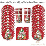 Deux grandes piles d'assiettes jetables rouges encadrant gobelets et serviettes, lot de 60 pièces