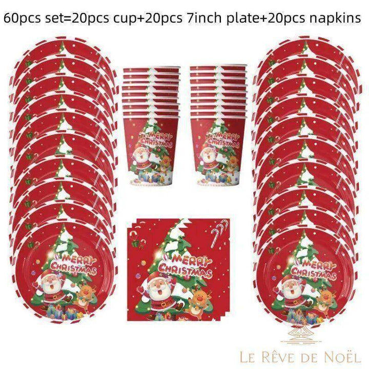 Deux grandes piles d'assiettes jetables rouges encadrant gobelets et serviettes, lot de 60 pièces