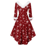 Robe de soirée de Noël bordeaux, motif flocons et étoiles, col en fausse fourrure blanche