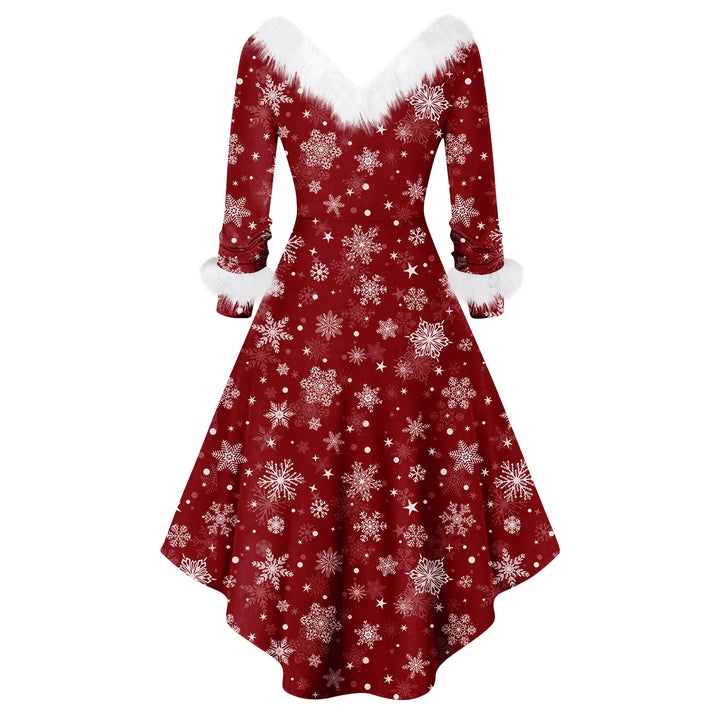 Robe de soirée de Noël bordeaux, motif flocons et étoiles, col en fausse fourrure blanche