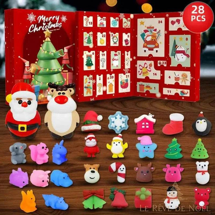 Calendrier de l'avent livre rouge ouvert à 24 pochettes, figurines Père Noël, renne et mini jouets squishy colorés devant
