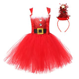 Robe tutu de Noël rouge à ceinture dorée façon Père Noël, avec serre-tête sapin