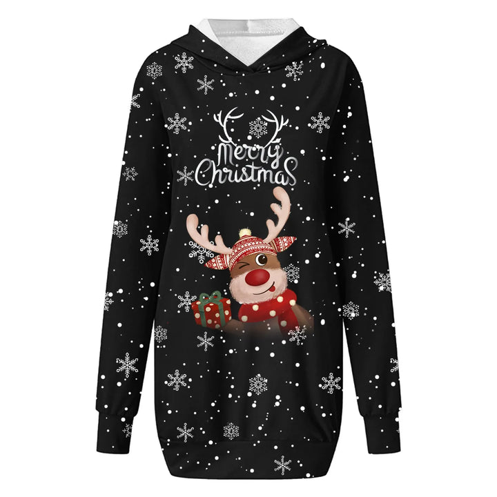 Robe sweat à capuche de Noël noire à motif renne, présentée à plat sans mannequin