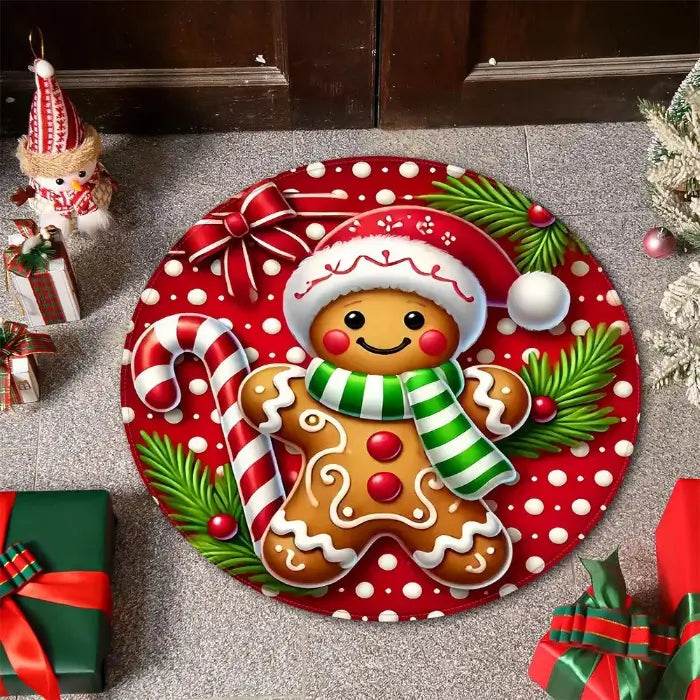 Tapis rond illustré d'un bonhomme en pain d'épices souriant, fond rouge à pois, posé au sol