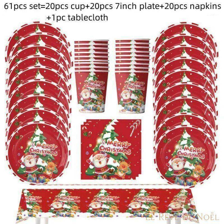 Deux piles d'assiettes, gobelets et serviettes rouges avec bande de nappe assortie, lot de 61 pièces