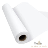 Rouleau de papier cadeau blanc déroulé en biais, format 38 cm x 5 m indiqué en encart
