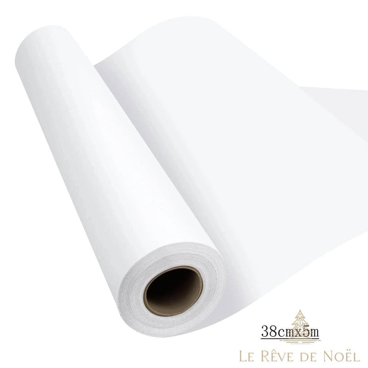 Rouleau de papier cadeau blanc déroulé en biais, format 38 cm x 5 m indiqué en encart