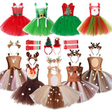 Planche de plusieurs robes tutu de Noël pour fille : coloris rouge, vert et façon faon