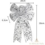 Schéma coté d'un nœud pailleté argenté scintillant, 20 cm de large sur 30 cm de haut