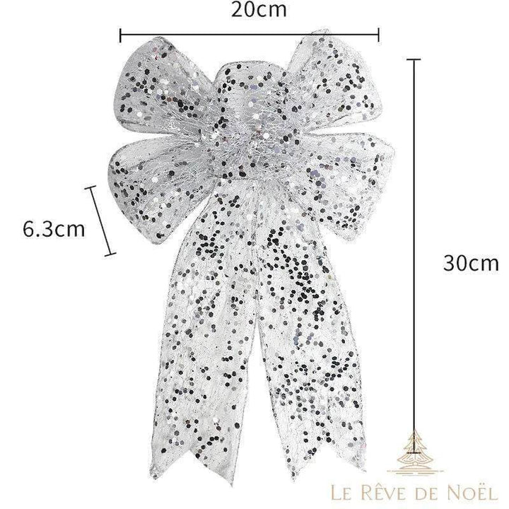 Schéma coté d'un nœud pailleté argenté scintillant, 20 cm de large sur 30 cm de haut