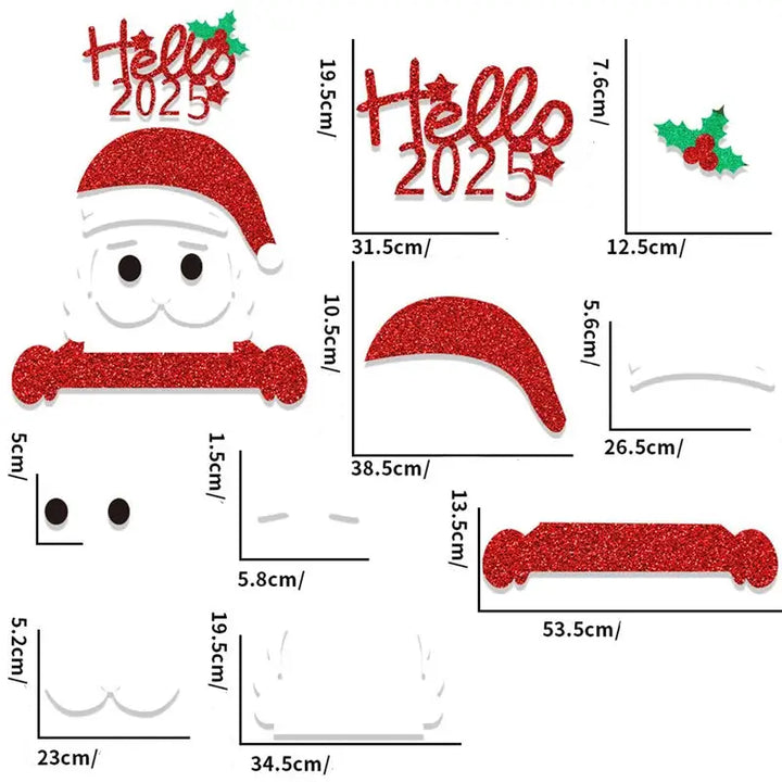 Schéma coté du sticker tête de Père Noël et du texte Hello 2025, bonnet de 38,5 cm