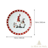 Schéma de l'assiette aux lutins : diamètre coté à 19,5 cm, bordure rouge à motif de cœurs