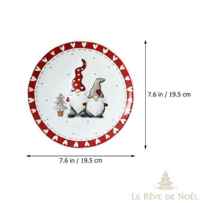 Schéma de l'assiette aux lutins : diamètre coté à 19,5 cm, bordure rouge à motif de cœurs