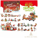 Calendrier de l'avent en briques, traîneau du Père Noël tiré par un renne, chalet et figurines