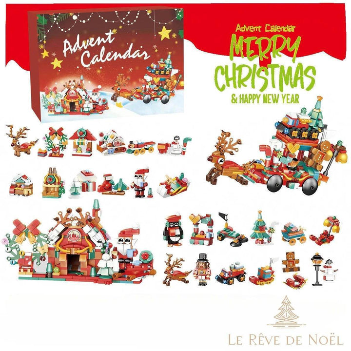 Calendrier de l'avent en briques, traîneau du Père Noël tiré par un renne, chalet et figurines