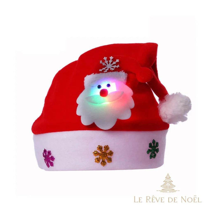 Bonnet de Noël rouge et blanc, visage de Père Noël lumineux multicolore en gros plan