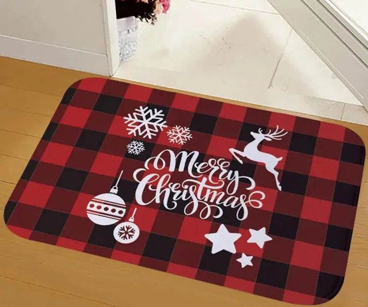 Tapis à carreaux rouge et noir avec renne bondissant et flocons de neige en silhouette blanche