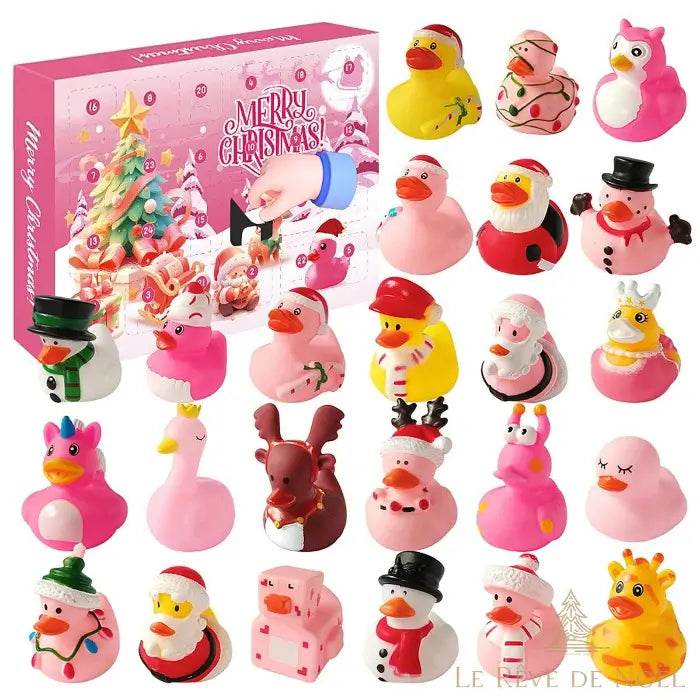 Calendrier de l'avent, boîte rose, canards en caoutchouc roses en forme de licorne et flamant