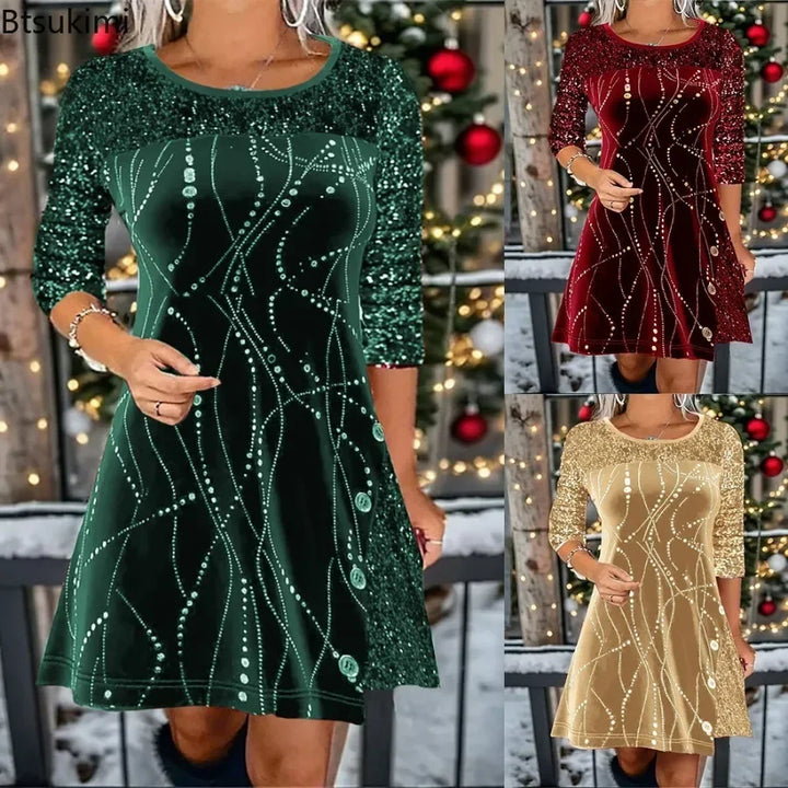 Montage de la robe pailletée en trois coloris : vert sapin, rouge bordeaux et doré