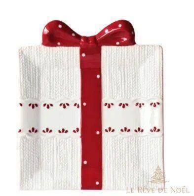 Grande assiette cadeau en céramique blanche texturée, nœud rouge et bande façon dentelle