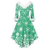 Robe de soirée de Noël vert clair, col et manchettes en fausse fourrure blanche, flocons imprimés