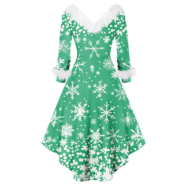 Robe de soirée de Noël vert clair, col et manchettes en fausse fourrure blanche, flocons imprimés