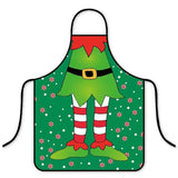Tablier vert imprimé d'un costume de lutin, jambes à rayures rouges et chaussures pointues