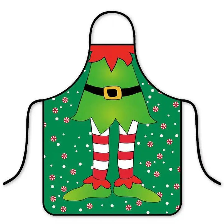 Tablier vert imprimé d'un costume de lutin, jambes à rayures rouges et chaussures pointues