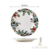 Schéma de l'assiette sapin 22,3 cm ornée de pommes de pin, vue de dessus et de profil
