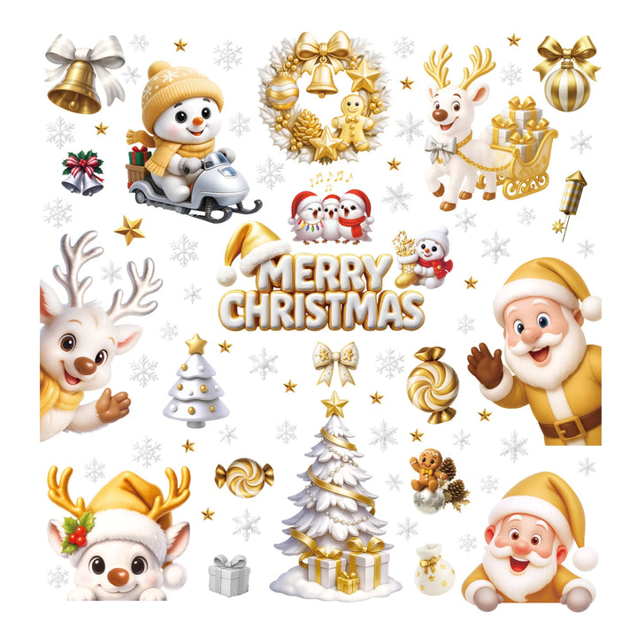 Planche complète des stickers Noël étoiles sur fond blanc : rennes, sapins, Père Noël