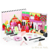 Coffret calendrier de l'avent maquillage rose « Holiday Wow » ouvert, 24 boîtes colorées et produits beauté exposés devant