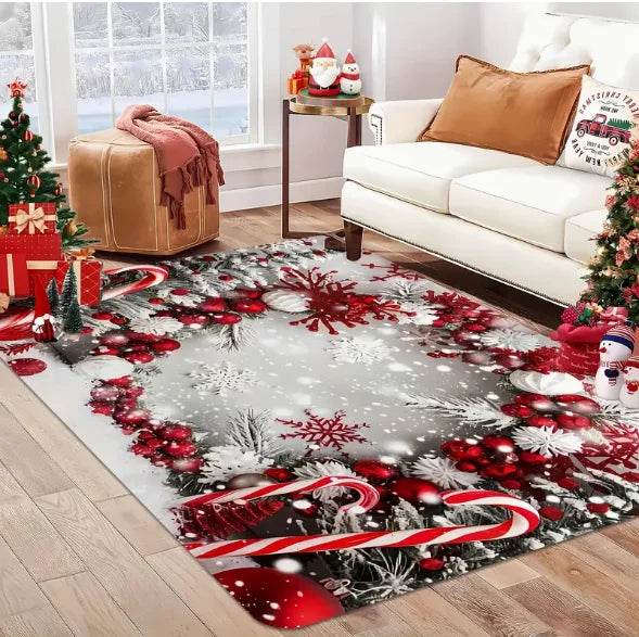 Tapis à bordure de boules et flocons rouges et gris sur fond gris, posé au salon près d'un canapé