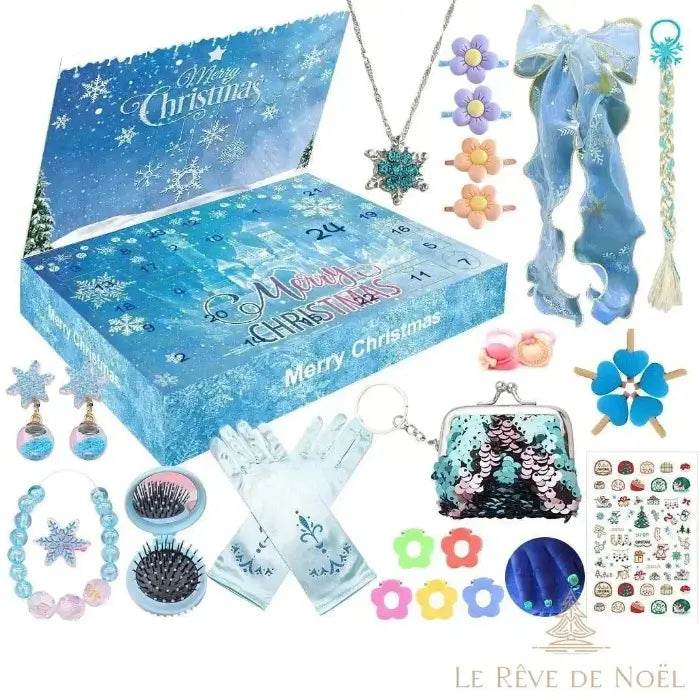 Calendrier de l'avent Princesse bleue, boîte à flocons entourée de bijoux et accessoires