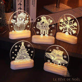 Cinq veilleuses rondes allumées à motifs différents : bonhomme de neige, père Noël, flocon, cloches