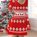 Robe de Noël rouge à motif nordique blanc : rennes, flocons et losanges en bandes répétées