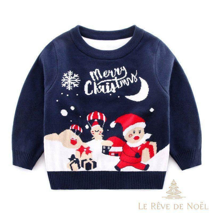Pull enfant bleu marine à motif Père Noël, cadeaux et inscription Merry Christmas